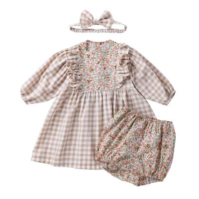 China Breathable Babany Plaid Baby Newborn Cotton Babies Floral Short Dress 3Pcs Outfit 3Pcs for sale