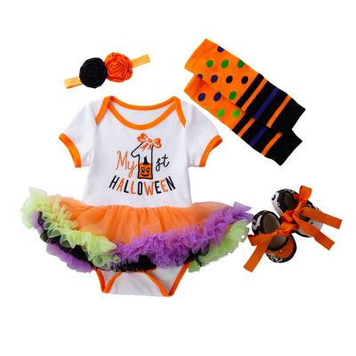 China Babany Breathable Bebe Newborn Babies My First Halloween Embroidered Short Sleeve Romper Dress 4Pcs for sale