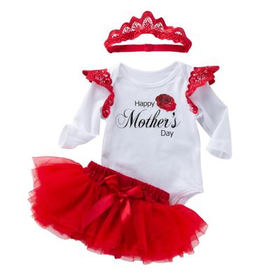 China Breathable Babies Mother's Day Floating Newborn Outfit Long Sleeve Romper Dress Headband 3pcs for sale