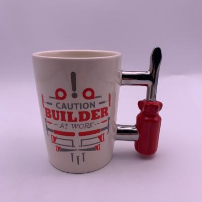 China Viable Custom Ceramic Novelty Mug Festival Gift Creative Coffee Screwdriver Tool Shaped Handle for sale