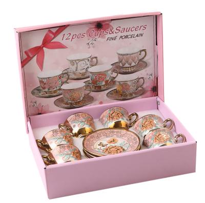 China Promotional European Style Traditional Hot Selling Luxury Retro Gift Set 6 PCS Set In Porcelain Delicate Designs Saucers Cups Tea Cups for sale