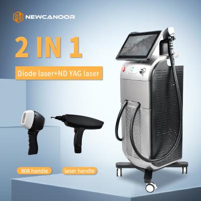 China 2 in 1 laserhaar- en tatoeageverwijderingsmachine met twee handgrepen met diodelaser en YAG-laser Te koop