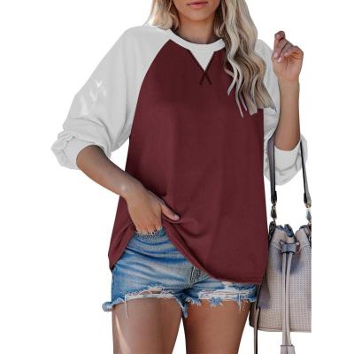 China 2021 Autumn Knitted Breathable Wholesale Color Blocked Casual Loose Long Sleeve Casual Blouse for sale