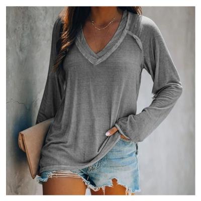 China Amazon Friendly Supplier Custom Solid V-Neck Sleeve Cotton Long Sleeve Casual Plus T-Shirts For Women Blouses for sale