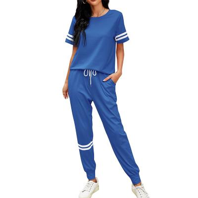 China New Breathable Spring Polyester Striped Short Sleeve Top And Running Two Piece Jogging Pants Suit Set for sale