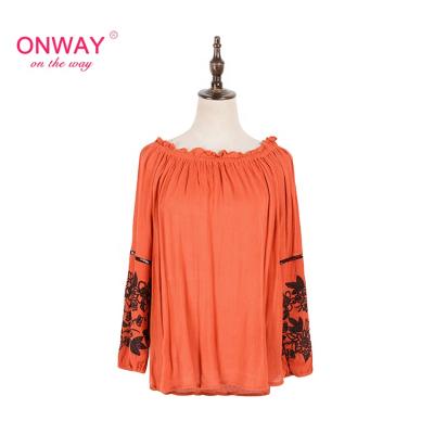 China 2021 New Arrival Custom Embroidery Breathable 100% Rayon Comfortable Crepe Casual Women Ruffle Tops for sale