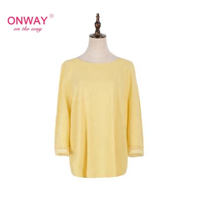 China Breathable China Supply Customized Yellow Plain Dyed Canvas Viscous Women O Neck Tops With Lace for sale