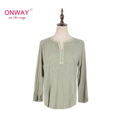 China Anti Wrinkle Anti Wrinkle Twill V-neck Lace Pattern Green Women 100% Cotton Tops Elegant With Button for sale