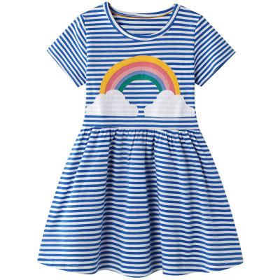 China Long Sleeve Washable Cotton Casual Cartoon Appliques Striped Jersey Girls Dresses for sale