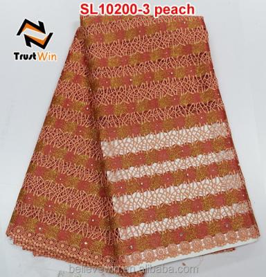 China believewin viable 5 yards african cord lace fabric in peach with beads for dress for sale