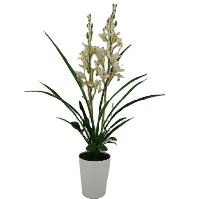 China 1 Silk Flower Cymbidium Orchid Faberi Rolfe Silk Flower Artificial Flowers In Pot Centerpiece Ceramic Flower for sale