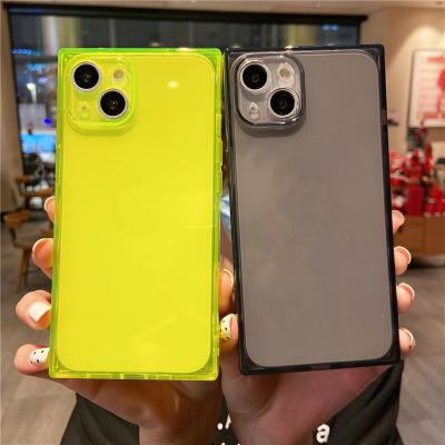 China Femail/Male Fluorescent Neon Glowing Color Clear Square Phone Case For iPhone 13 12 11 Pro XS X Max XR 7 8 Plus SE2 TPU Soft Shockproof Cover for sale