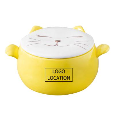 China Hot Sale Viable Creative Kitty Ceramic Bowl With Cover Student Dorm Instant Noodle Bowl Household Soup Bowl Customized Large for sale