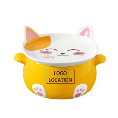 China Large Viable Cartoon Cute Cat Bowl Soup Salad Instant Noodle Bowl With Handle Cover Tableware Kitchen Utensils Roll Customized LOGO for sale