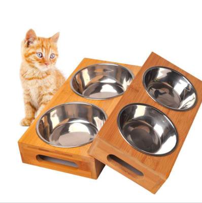 China Sustainable Pet Food Bowl For Cats And Small Dogs Bamboo Wood Double Raised Ceramic for sale