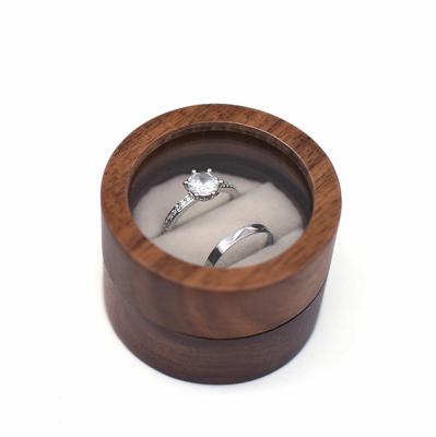 China Wooden Engagement Ring Box, Wedding Box Two Slots Rustic Black Velvet Solid Wood Round Walnut Ring Box With Acrylic Lid for sale