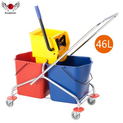 China Sustainable 46L Double Side Press Mop Bucket Plastic Broom With Double Wringer Mop Wringer Cart for sale