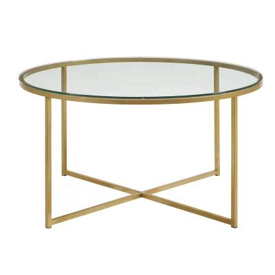 China No Amazon Hot Sale Manufacturer Supplier Gold Color Metal Round Glass Top Coffee Table For Living Room for sale