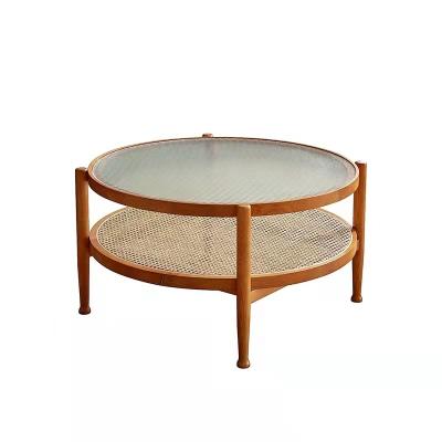 China None Amazon Free Sample Best Selling Glass Top Wooden Leg Nesting Round Rattan Coffee Table For Living Room for sale