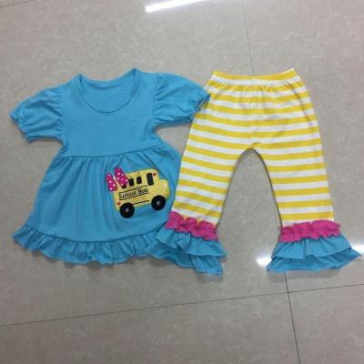 China Casual Top Selling Blue Soft Cotton Material Back To School Design School Bus Girl Clothes Sets for sale