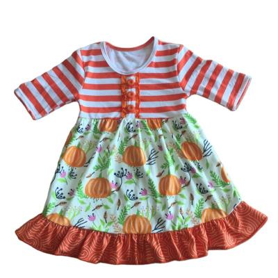 China Breathable Girls Fall Orange Stripe Print Pumpkin Halloween Boutique Dress for sale