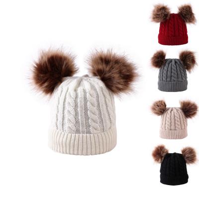 China COMMON 2022 Winter Baby Knitted Ball Pom Pom Cap Faux Raccoon Fur Flip Flop Hat Kids Beanie Removable Pom Thick for sale