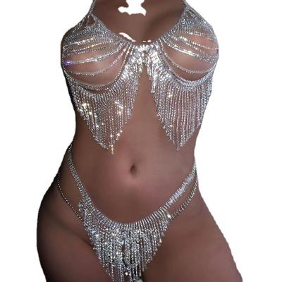 China Sexy Casual Shiny Jewelry Nightclub Wear Tassel Dress Rhinestone Bra Equipments Diamond Body Chain For Women At Parties for sale