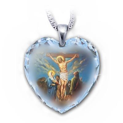 China Crystal Glass Family Christian Jesus Clavicle Chain Fashion Metal Party Jewelry Religious Heart Shaped Pendant Necklace Women for sale