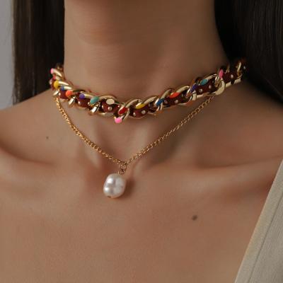 China FASHIONABLE Exquisite Colorful Pearl Leather Braided Baroque Collar Neckerchief Bohemian Elegant Scarf For Party for sale