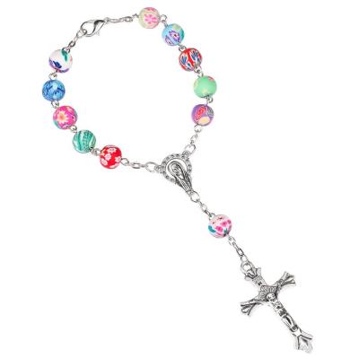 China New Fashion Polymer Clay Rosary Bead Cross Necklace Religious Handmade Round Catholic Bead Quality Beads Religious Cross Pendants Necklace for sale