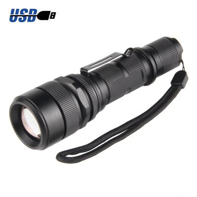 China Self-defense 800M Focus Buzz Aluminum Alloy Adjustable Portable Bottom USB Recharge Strong Focus Flashlight Led Torch Flash Light for sale