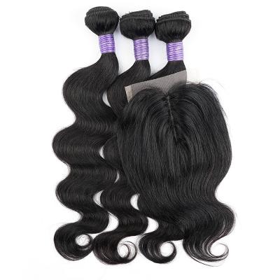 China Brazilian Unprocessed Virgin Hair 100% Body Wave 100% Virgin Hair Double Human Hair Wigs 3 Bundles With Lace Closure Extensions Natural Black for sale