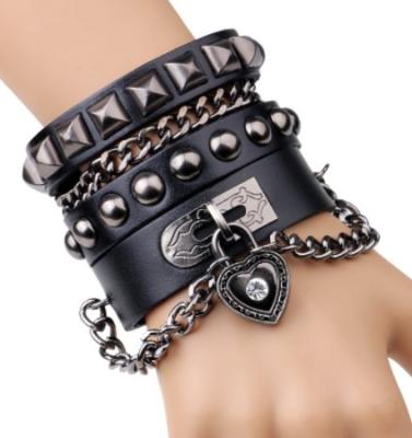 China Hot punk rock mens womens heart bracelet mens bracelet OEM cool hops leather wholesale hip punk disguise bracelet for sale