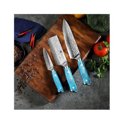 China 8 Inch Professional Viable 3 Pcs Custom Handmade Damascus Hammer Steel Kitchen Knife Set With Turquoise Handle for sale