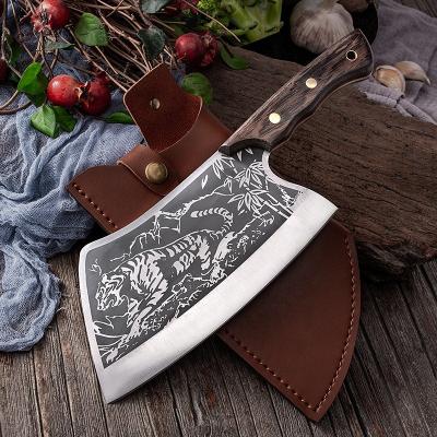 China Dropshipping Viable Handmade 8 Inch Tiger Pattern Butcher Hunting Cattle With Chinese Sheath Kitchen Chef Cleaver Cleaver Knife for sale