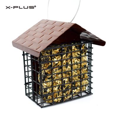 China 2 Cake Capacity Double Black Outdoor Stocked Bird Suet Feeder With Metal Roof for sale