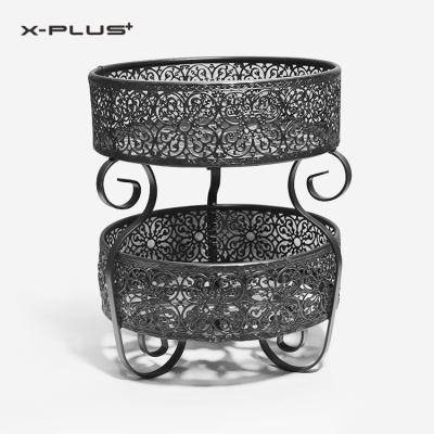 China Sustainable Antiqued Black Metal Bowl Cast Iron 2 Tier Fruit Vegetable Rack for sale