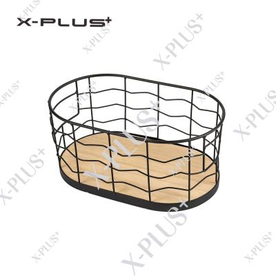 China Metal Wire Storage Basket Wooden Bottom Organizer LC001 for sale