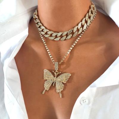 China Hot Selling Hiphop Big Hip Hop Butterfly Necklace Full Crystal Plated Multilayered Tennis Cuban Hot Chain Jewelry Gift for sale