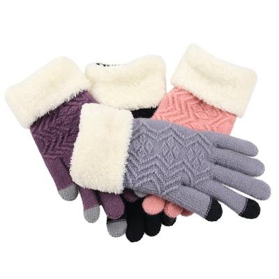 China New Fashion Simple Thicken Plush Striping Warm Soft Knitted Touch Screen Winter Cycling Gloves For Women for sale