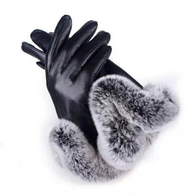 China Simple Lady Men Black Leather Women Mittens Autumn Winter Warm Rabbit Fur PU Cell Phone Touch Screen Gloves for sale