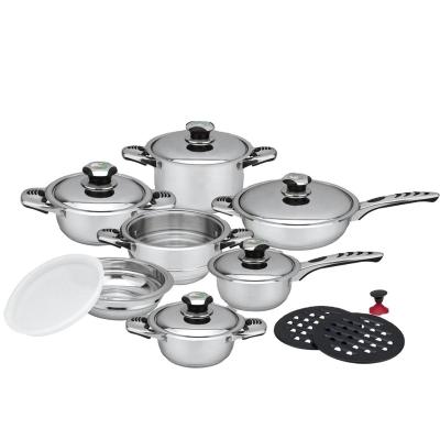 China Sustainable 16 Pcs Wide Edge Stainless Steel Cookware Set With Glass Lid / Steel Lid For All Stoves for sale