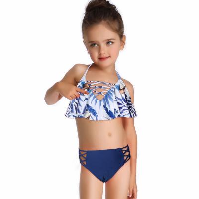 China 2021 breathable print little girl swimwear top bikini ruffled halter top swimsuit high waist slit swimsuit girl for sale