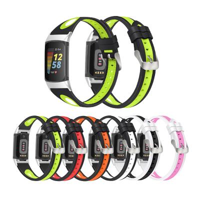 China Two Colors Silicone Watch Strap Double Colors Sports Wrist Strap For Fitbit Charge 5 Accessories Replacement Strap Adjustable Silicone Watch Band for sale