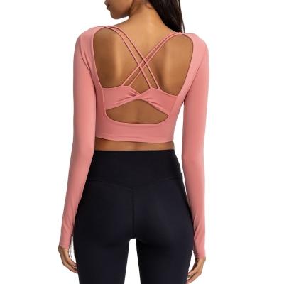 China New Long Sleeve Yoga Gym Women Sportswear Sexy Pink T Shirts Antibacterial Fitness Clothing for sale