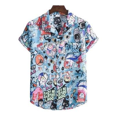 China Anti-wrinkle Men's Cartoon Pattern Printed Turn Down Collar Short Sleeve Beach Shirts for sale