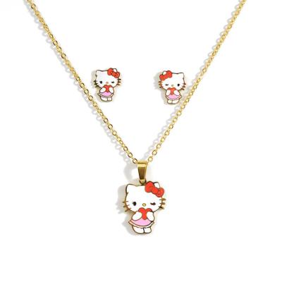 China Wholesale Environmentally Friendly Kitty Cat Cartoon Jewelry Set Cute Pink Fashion Stainless Steel Kids Gift for sale