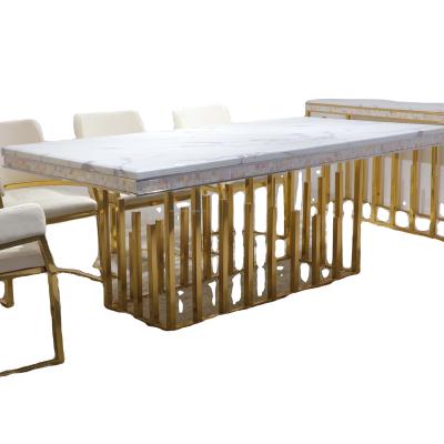 China 10 seater long table extra long luxury titanium gold marble dining table set for sale