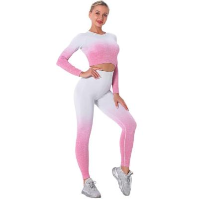 China Dye Gradient Girl Gym Workout Breathable Hanging Suit And Pants Seamless Sports Running Suit Yogaset Tights for sale