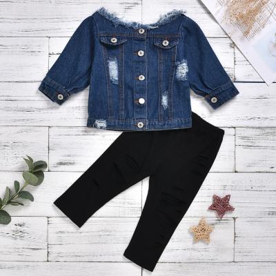 China KS2050 Girls casual suit boat neck denim stylish ripped top and pants set new fashion kids dress sets for sale